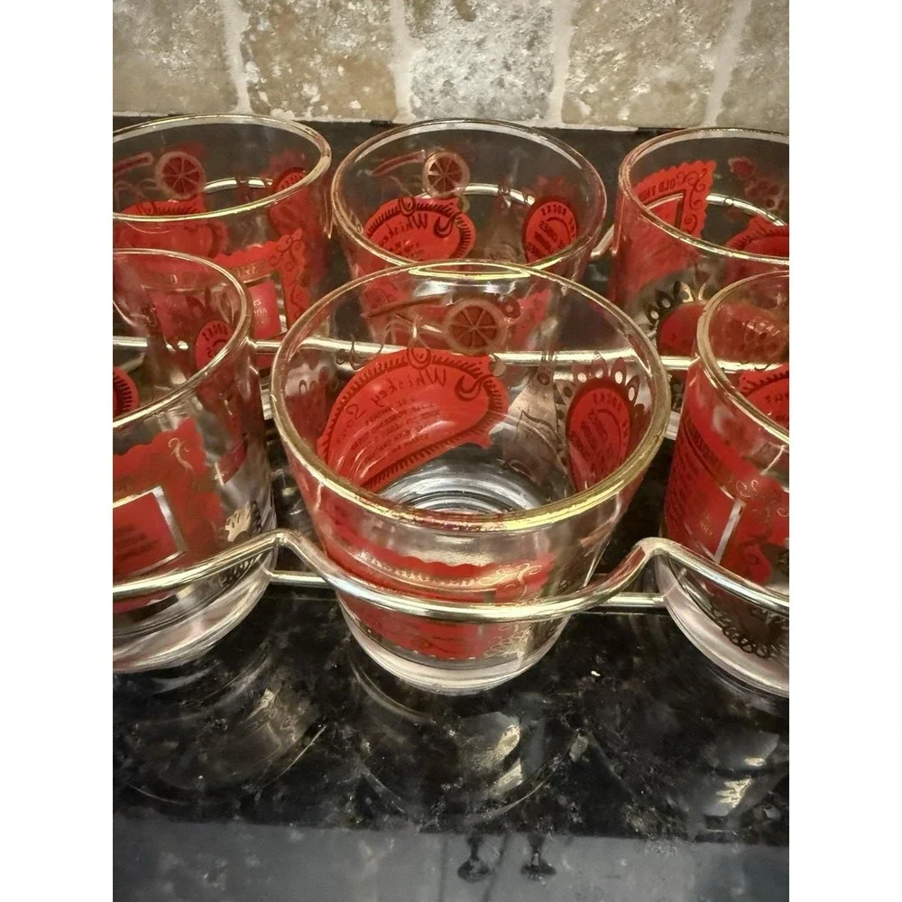 8 VTG Mid Century Modern Red Gold Whiskey Sour Old‎ Fashioned Bourbon Glasses